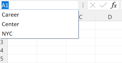 Excel Name Box dropdown showing three defined range names