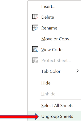 Right-click menu on sheet tab showing the Ungroup Sheets option