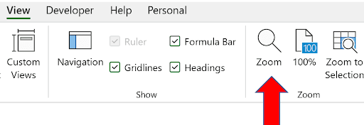 Screenshot of the Excel ‘View’ tab ribbon displaying Custom Views, Navigation, Show (with Gridlines and Headings checked), and Zoom options, highlighted by a red arrow pointing to the ‘Zoom’ button.