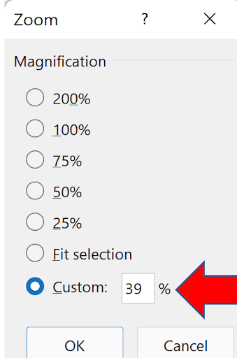 Excel Zoom dialog box with 39% zoom level selected