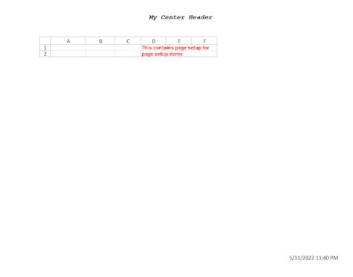 Print preview of Sheet1 showing landscape orientation with row and column headers and custom header text