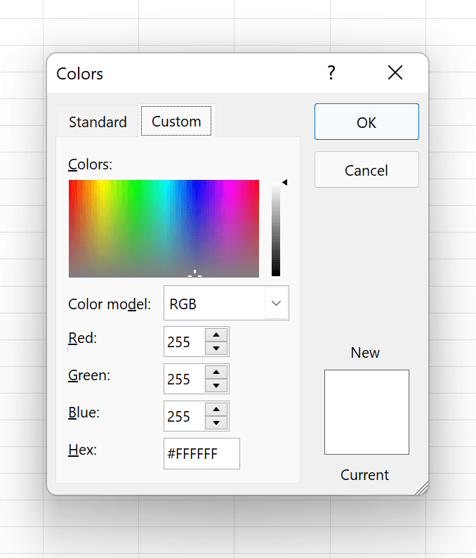 Excel Fill Color dropdown and More Colors dialog box for choosing custom background colors