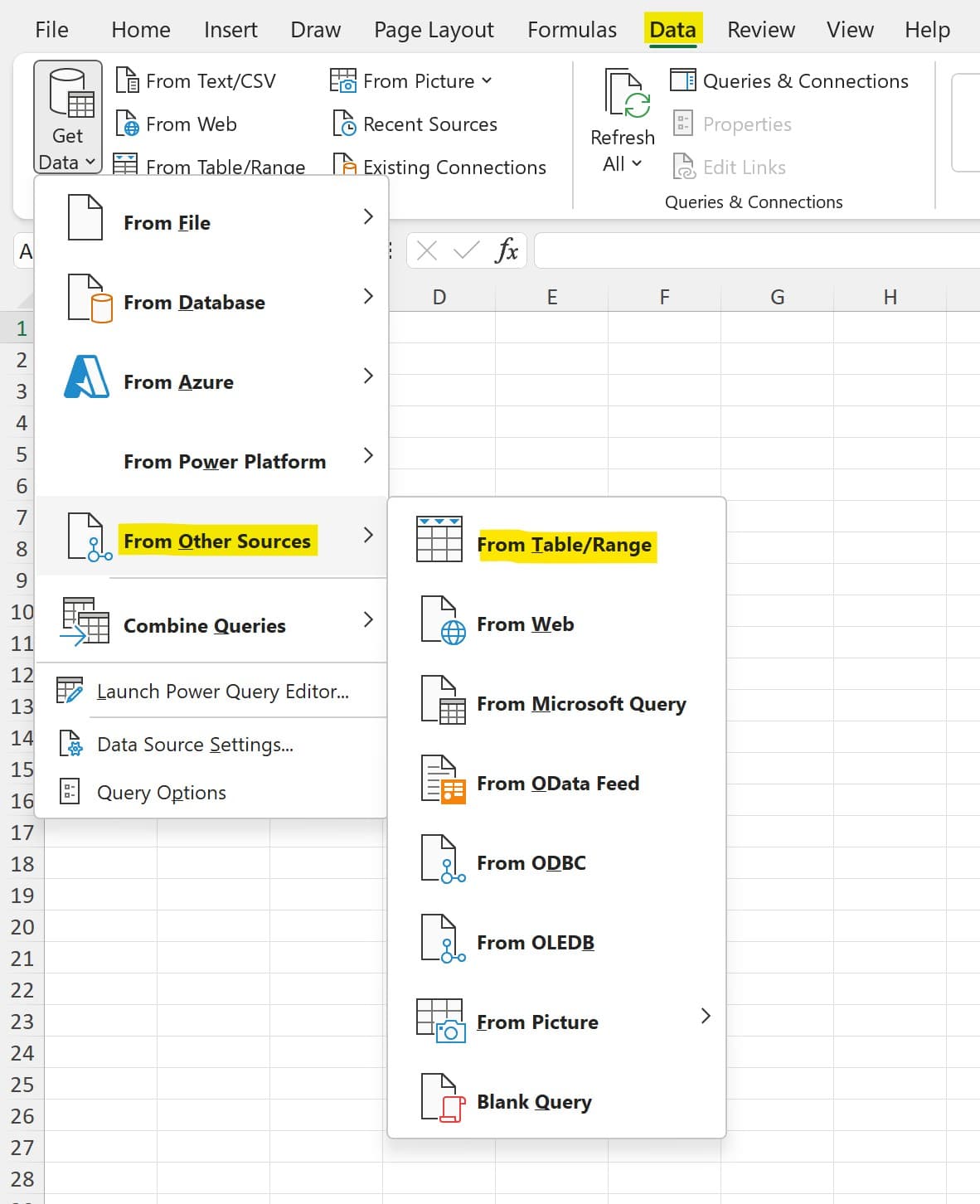 Start to Connect to an Excel Table or Range