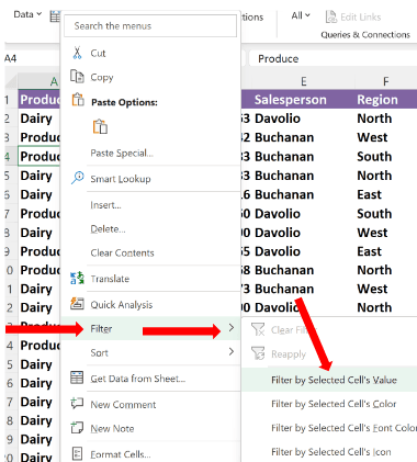 Filtering Data In Excel example showing cell you want to filter by, and select filter/filter by sele