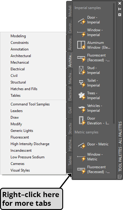 tool palettes right click for more