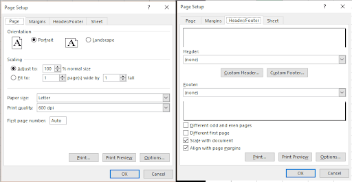 Screenshot of the Microsoft Excel Page Setup dialog box, with the ‘Page’ tab on the left displaying orientation, scaling, and paper size options, and the ‘Header/Footer’ tab on the right showing header and footer customization fields.