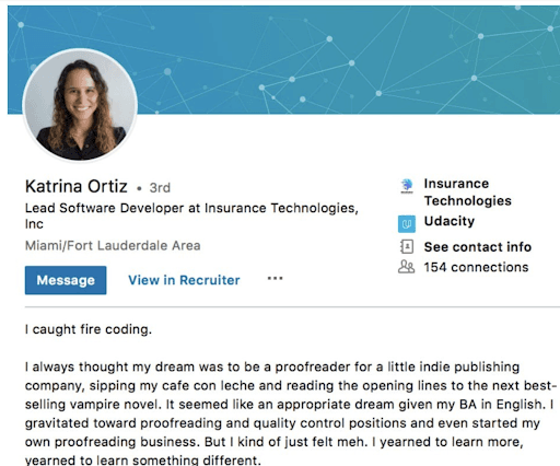 Screenshot of a LinkedIn Profile of someone named Katrina Ortiz. Shows her Location, the Company she works for, and her bio paragraph.