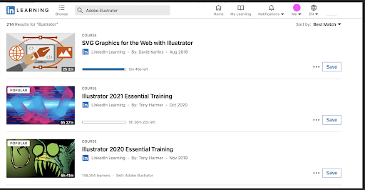 Screenshot showing LinkedIn Learning's course listings for Adobe Illustrator. The courses include 'SVG Graphics for the Web with Illustrator,' 'Illustrator 2021 Essential Training,' and 'Illustrator 2020 Essential Training.' The image includes the course titles, instructors, and duration times.