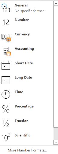 Excel Number Format group on the Home tab ribbon