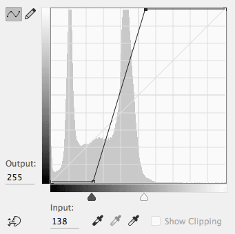 Curves adjustment dialog showing initial settings for enhancing contrast in a channel