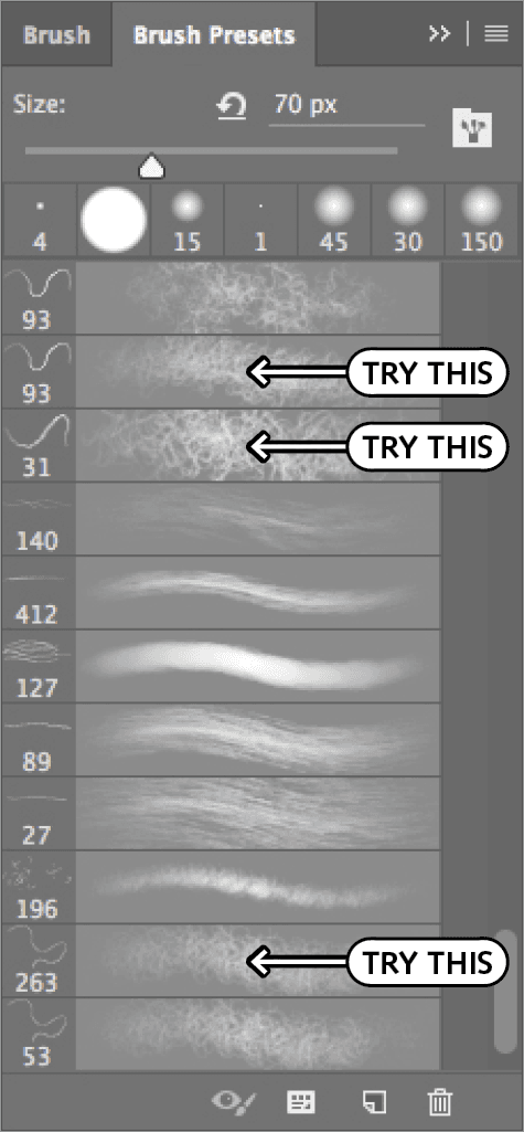 Hair brush options in Photoshop: brushes 31, 93, and 263 shown for frizzy hair edges