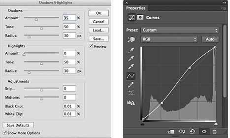 Adjusting Highlights and Shadows dialog boxes