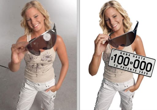 A smiling blonde woman wearing a light-colored, floral-patterned tank top and white cargo pants, holding a large pair of sunglasses toward the camera. Next to her is a similar edited version of the photo where she holds a sign reading, 'Gana hasta $100-000 tu patente 2020.'