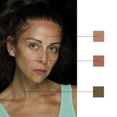 Close-up portrait of a woman with her hair pulled back, wearing a light-colored sleeveless top, set against a dark background. There are three rectangular color swatches to the right, each representing different tones sampled from her face.