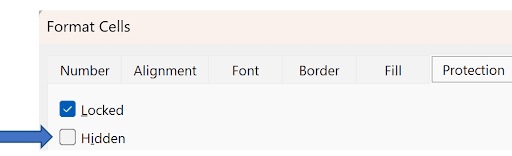 Excel Format Cells Protection tab showing Locked and Hidden checkboxes