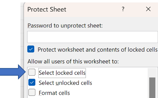 Excel Protect Sheet dialog with checkboxes for allowed user actions