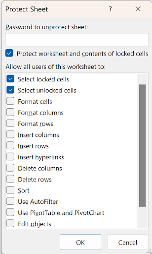 Excel Protect Sheet dialog with checkboxes for allowed user actions