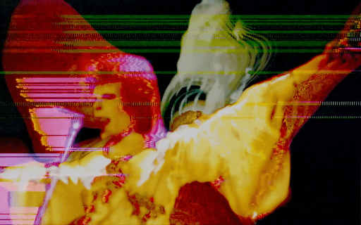 Stylized image of performer, David Bowie, on stage wearing a flowing outfit with arms outstretched. Vibrant colors and glitch-like horizontal lines are superimposed, creating an abstract, distorted effect over the figure.