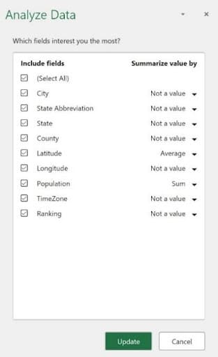 Analyze Data field settings showing Value and Not a Value designations for columns