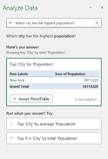 Additional suggested questions in the Analyze Data panel