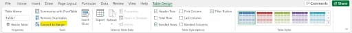 Table Design tab in Excel showing the Convert to Range button to restore data from a table