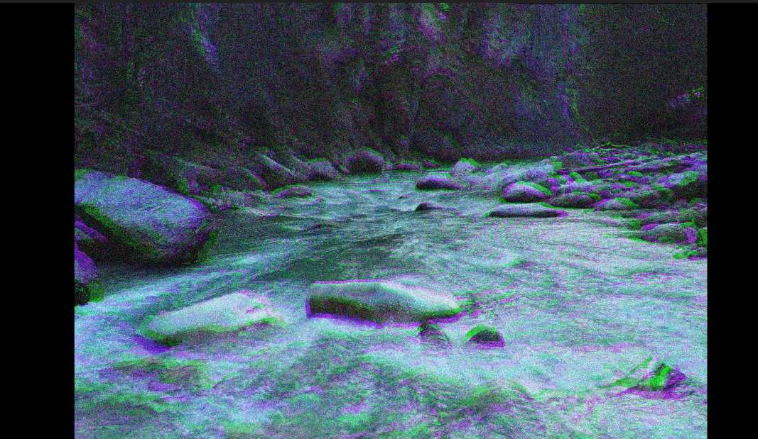 After Effects composition preview showing the chromatic aberration VHS effect applied to footage