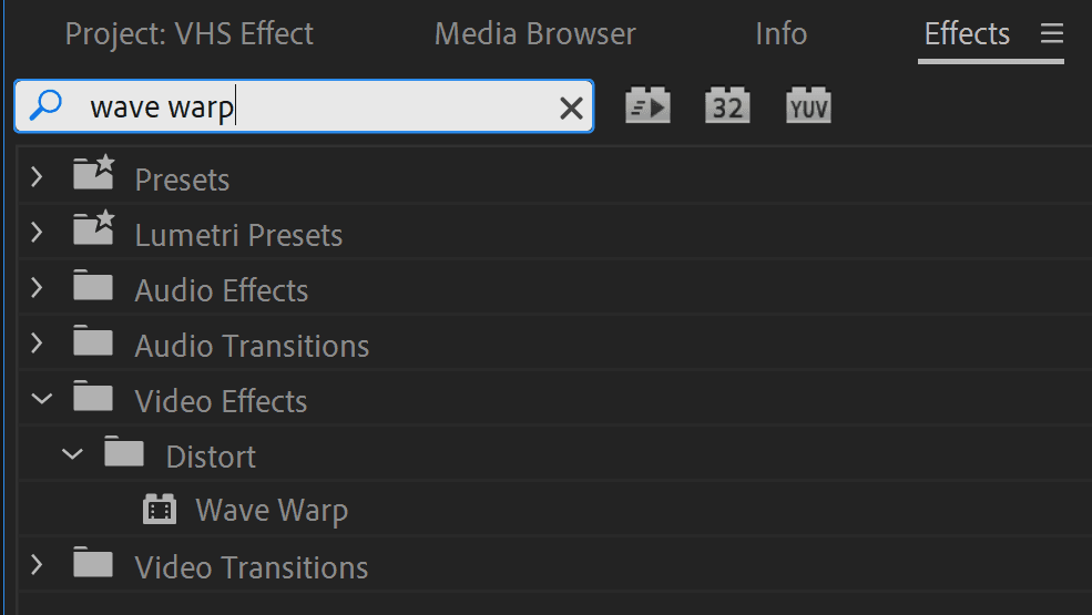 After Effects Effects panel with Wave Warp effect search results