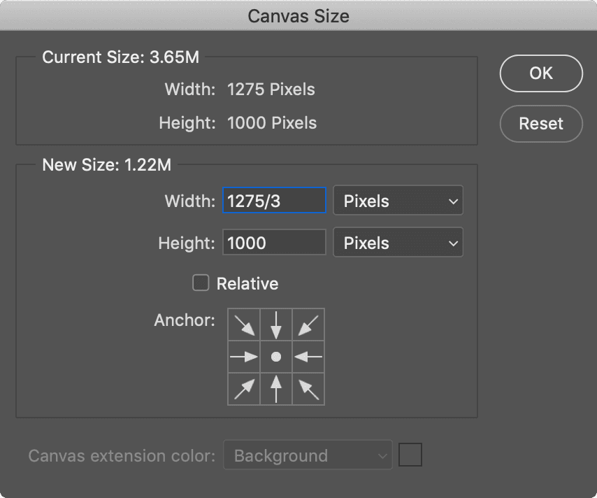 Photoshop CC 2019 input field showing math calculation 1275 divided by 3 equals 425