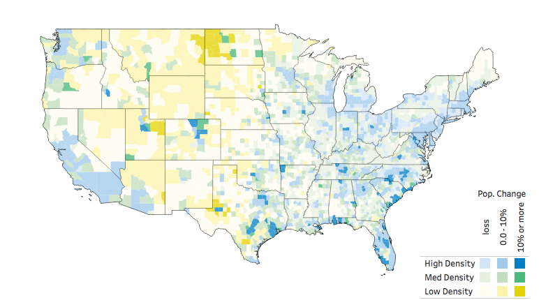 Example of a bivariate choropleth map comparing two variables with overlapping color scales