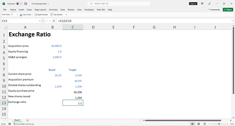 Screenshot of an Excel workbook titled 'Exchange Ratio, ' displaying acquisition-related data such as acquisition price, synergies, share prices, outstanding shares, newly issued shares, and a calculated exchange ratio (1.1) based on the formula =C12/C10.