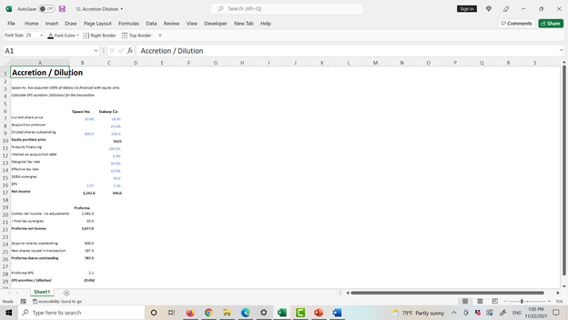 Screenshot of a Microsoft Excel workbook titled 'Accretion / Dilution' displaying financial or analytical data in columns and rows, with the Excel ribbon visible and standard menu tabs (Home, Insert, etc.) at the top.