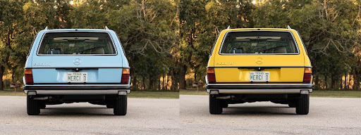 Side-by-side images of a classic Mercedes-Benz station wagon. The left image shows the car in light blue, while the right image shows it in yellow. Both feature a Texas license plate reading 'MERCI' and are set against a wooded background.