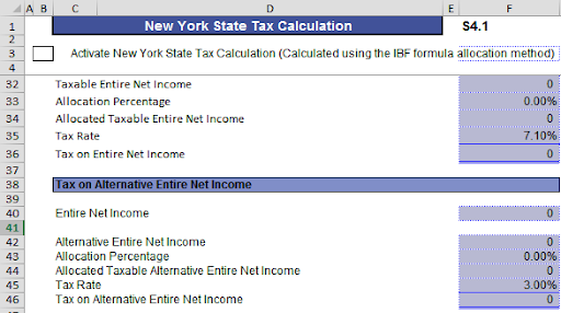 Screenshot of an Excel spreadsheet labeled 'New York State Tax Calculation, ' showing fields for taxable entire net income, allocation percentages, and tax rates, using the IBF formula allocation method for both entire and alternative entire net income.