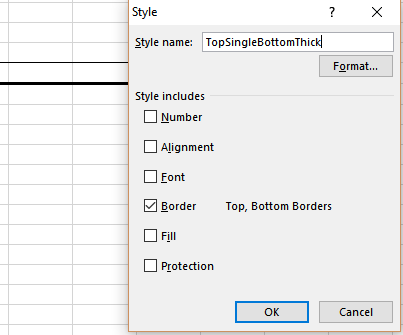 Screenshot of an Excel 'Style' dialog box named 'TopSingleBottomThick, ' displaying border options for top and bottom lines.