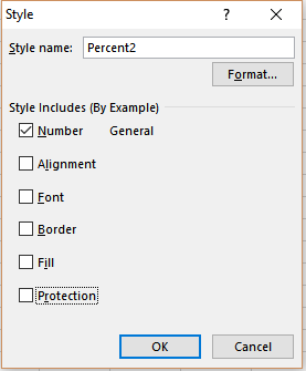 Screenshot of an Excel 'Style' dialog box named 'Percent2, ' showing the 'Number' style set to General and other style options (Alignment, Font, Border, Fill, Protection) unselected.