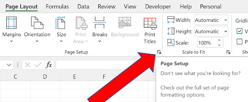 Screenshot of the Excel 'Page Layout' tab ribbon, featuring page setup tools (Margins, Orientation, Size, Print Area, etc.) and a prominent red arrow indicating the 'Page Setup' dialog box launcher.