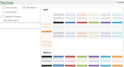 Screenshot of Excel's Table Design tab showing a list of table style options organized under 'Light' and 'Medium' categories, each displaying colored thumbnails with different formatting. On the left side, there are checkboxes for 'First Column, ' 'Last Column, ' 'Banded Columns, ' and a 'Filter Button' option.