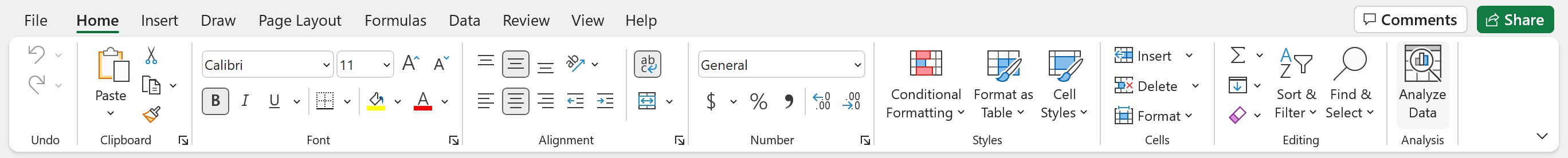 Analyze Data tool location on Excel's Home tab