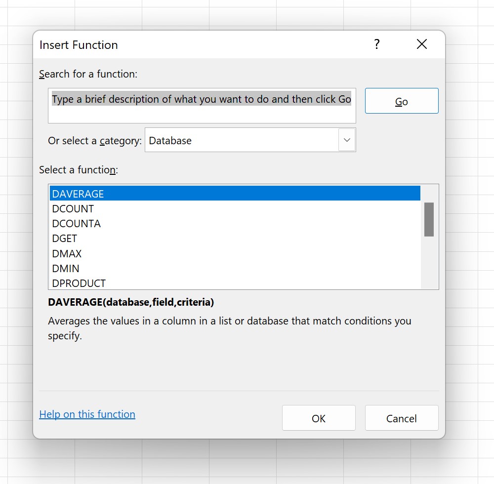 Database functions available in Excel's Insert Function dialog box