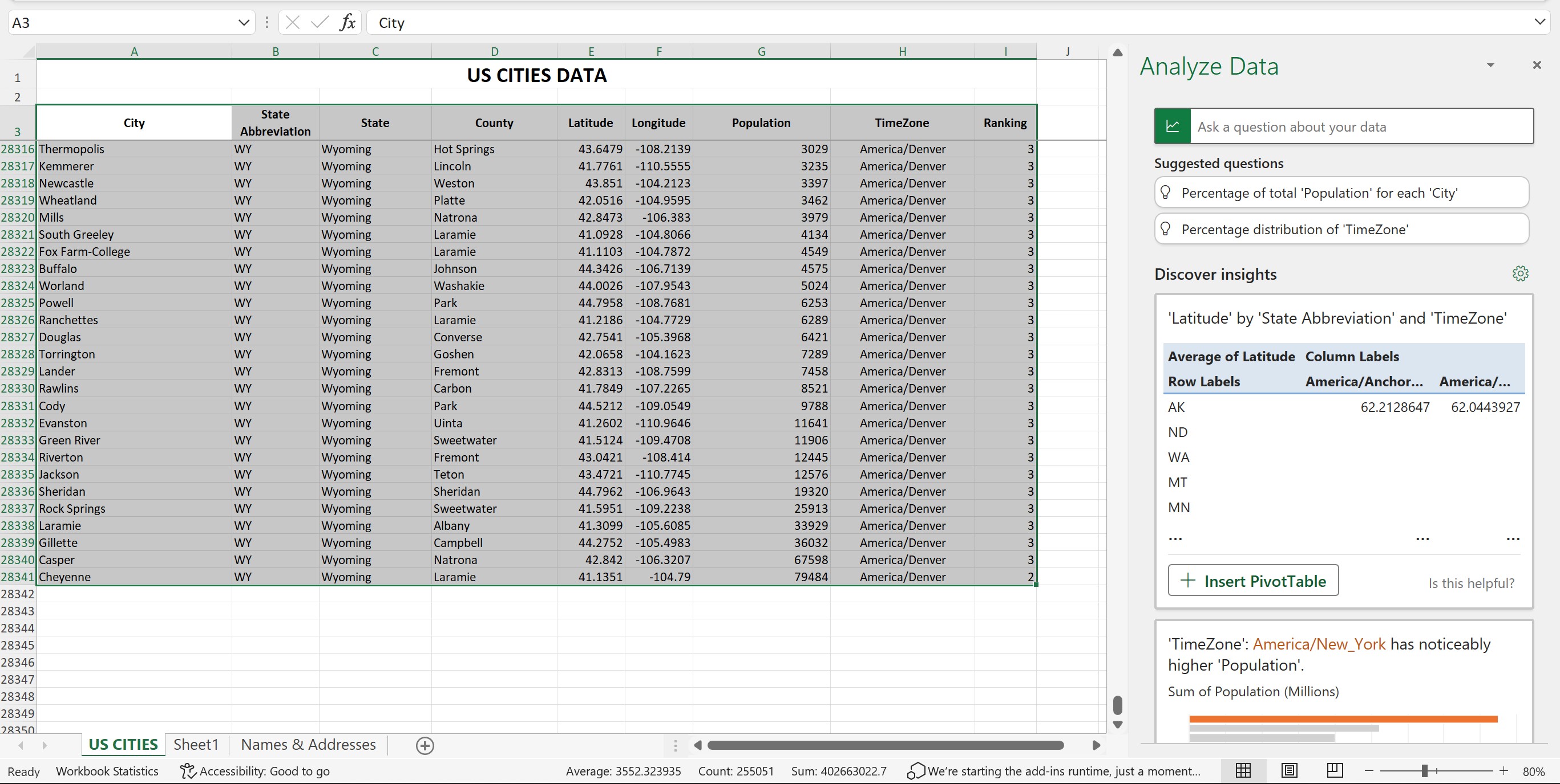 Excel automatically selecting the complete dataset for analysis