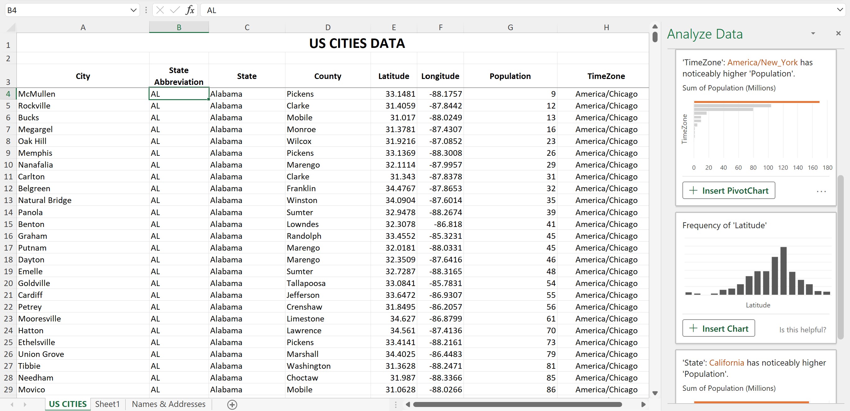Excel's initial automated analysis of dataset patterns