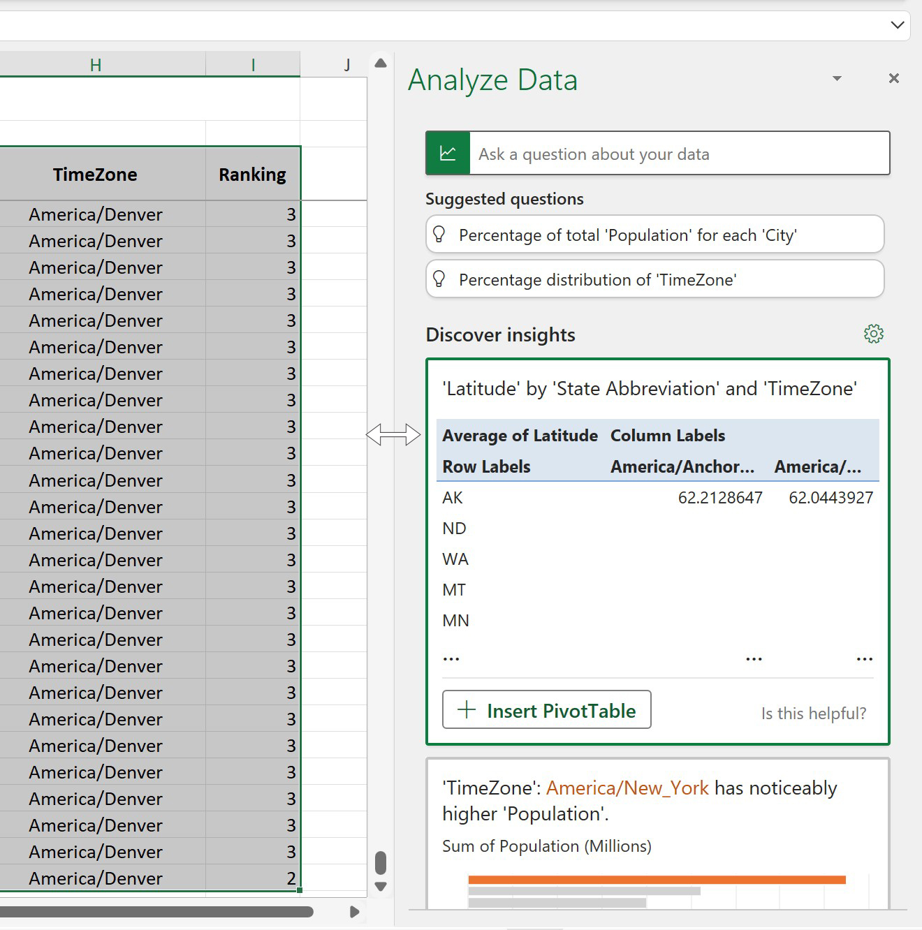 Resizing the Analyze Data panel for optimal viewing