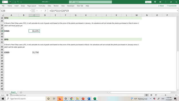 Screenshot of an Excel spreadsheet comparing FIFO and LIFO inventory cost methods for a plant shop scenario. The sheet shows formulas calculating cost of goods sold (COGS) at $3,375 under FIFO and $1,750 under LIFO.