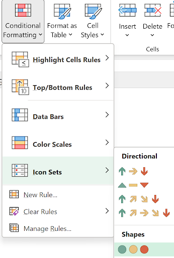 Screenshot of Microsoft Excel's Conditional Formatting dropdown menu displaying options like Highlight Cells Rules, Top/Bottom Rules, Data Bars, Color Scales, and Icon Sets (including directional arrows and shapes).