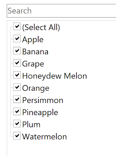 Screenshot of an Excel filter menu with a search box and checkboxes for various fruits (Apple, Banana, Grape, Honeydew Melon, Orange, Persimmon, Pineapple, Plum, Watermelon), all selected alongside a 'Select All' option.
