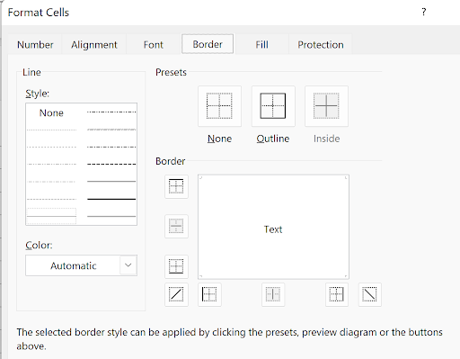 Format Cells dialog Border tab showing comprehensive border options including diagonal lines