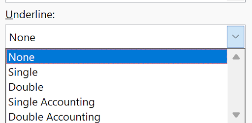 Format Cells dialog showing underline options including Single, Double, and Accounting styles