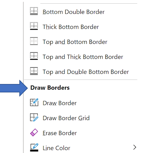Border dropdown menu showing Draw Borders option and line formatting choices