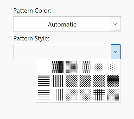 Pattern selection dialog showing various fill patterns for cell backgrounds