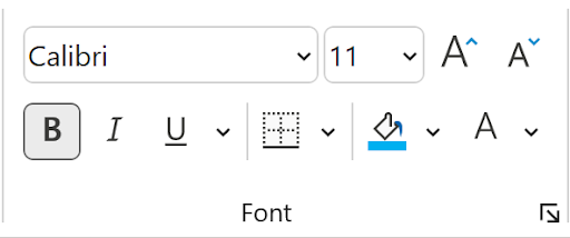 Excel Font group in the Home tab ribbon showing font selection, size, and formatting options